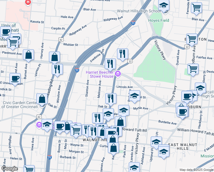 map of restaurants, bars, coffee shops, grocery stores, and more near 857 Lincoln Avenue in Cincinnati