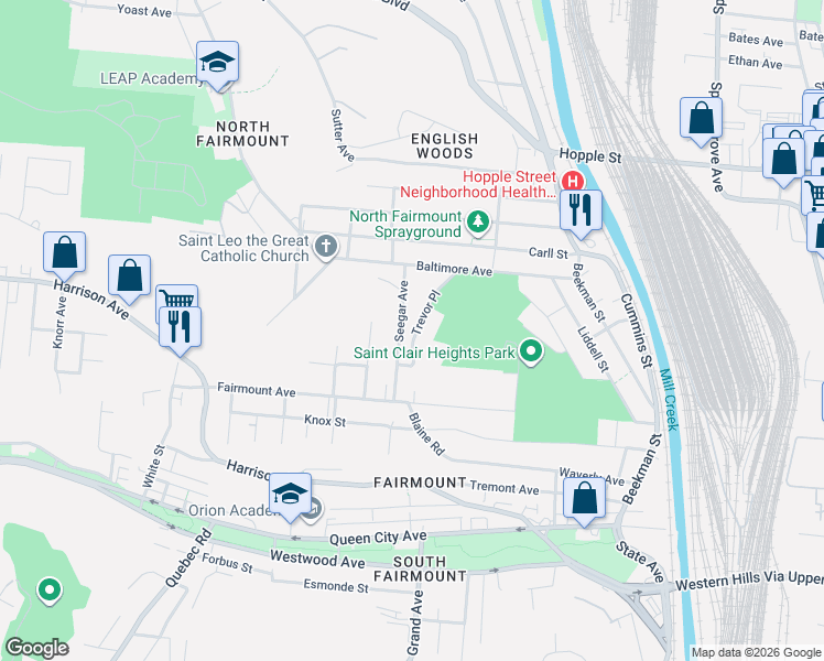 map of restaurants, bars, coffee shops, grocery stores, and more near 2545 Trevor Place in Cincinnati