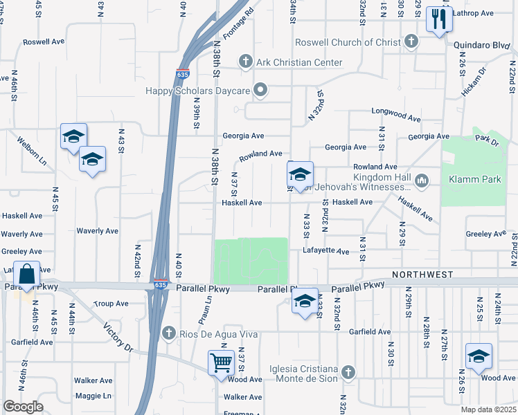 map of restaurants, bars, coffee shops, grocery stores, and more near 2307 North 36th Street in Kansas City