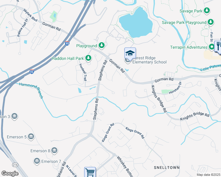 map of restaurants, bars, coffee shops, grocery stores, and more near 8735 Birkenhead Court in Laurel