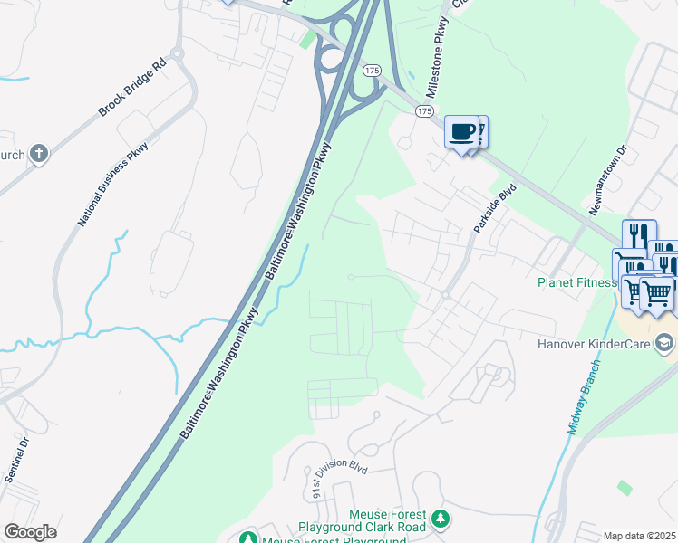 map of restaurants, bars, coffee shops, grocery stores, and more near 8012 Max Blobs Park Road in Jessup