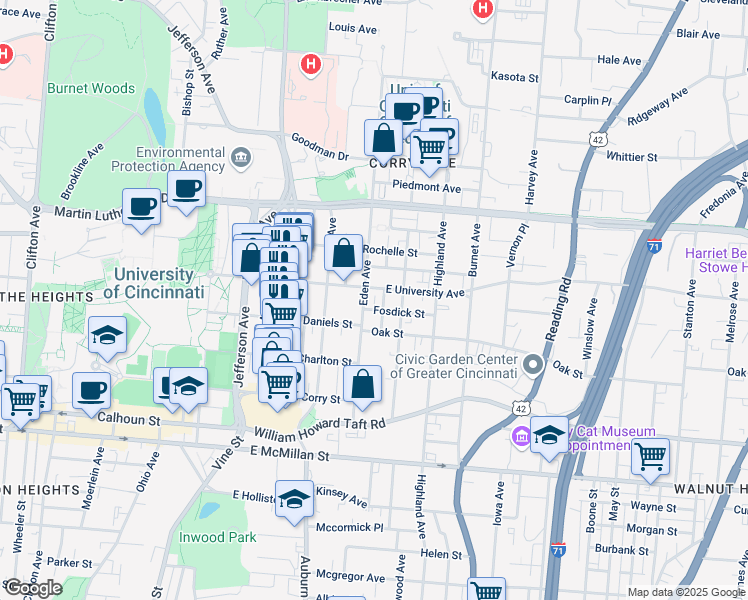 map of restaurants, bars, coffee shops, grocery stores, and more near 210 Fosdick Street in Cincinnati