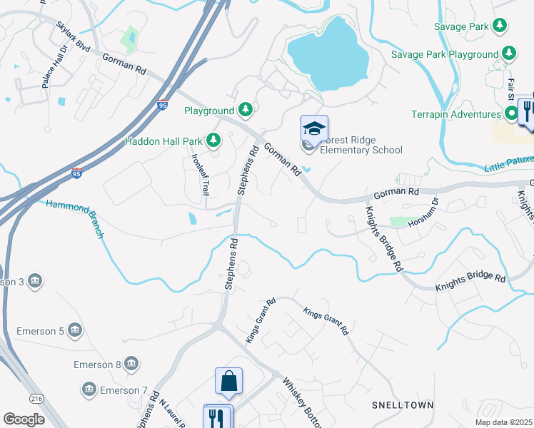 map of restaurants, bars, coffee shops, grocery stores, and more near 8735 Birkenhead Court in Laurel