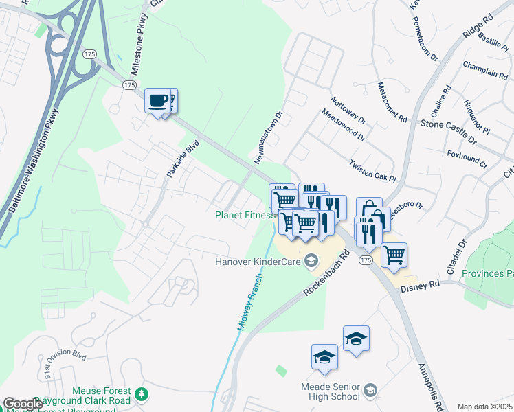 map of restaurants, bars, coffee shops, grocery stores, and more near 7222 Winding Hills Drive in Hanover