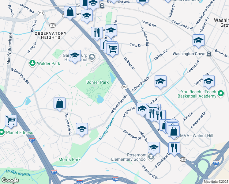 map of restaurants, bars, coffee shops, grocery stores, and more near 17 Barkley Lane in Gaithersburg