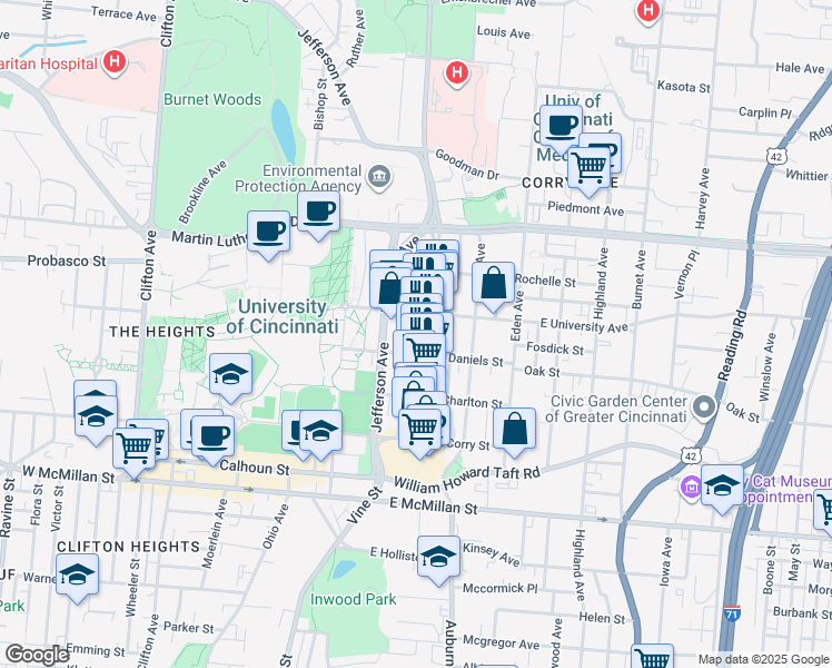 map of restaurants, bars, coffee shops, grocery stores, and more near 2821 Short Vine Street in Cincinnati