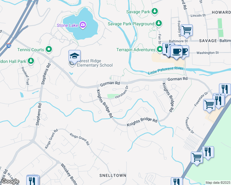 map of restaurants, bars, coffee shops, grocery stores, and more near 9327 Sombersby Court in Laurel