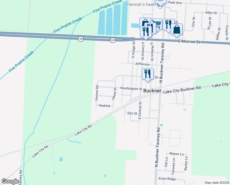 map of restaurants, bars, coffee shops, grocery stores, and more near 404 Henthorn in Buckner