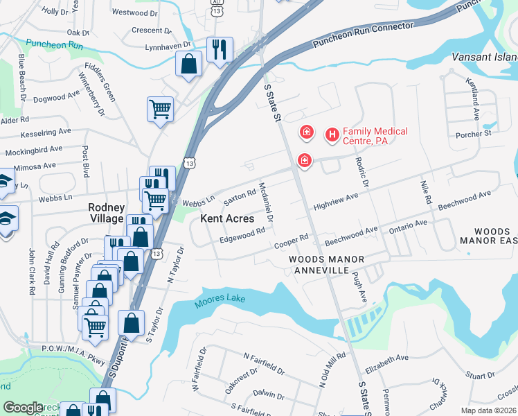map of restaurants, bars, coffee shops, grocery stores, and more near 27 Steele Road in Dover