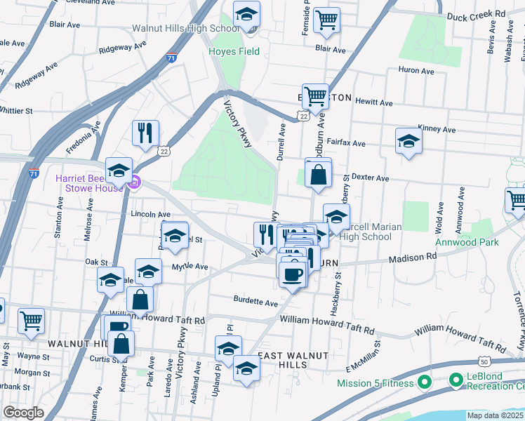 map of restaurants, bars, coffee shops, grocery stores, and more near 1334 Lincoln Avenue in Cincinnati
