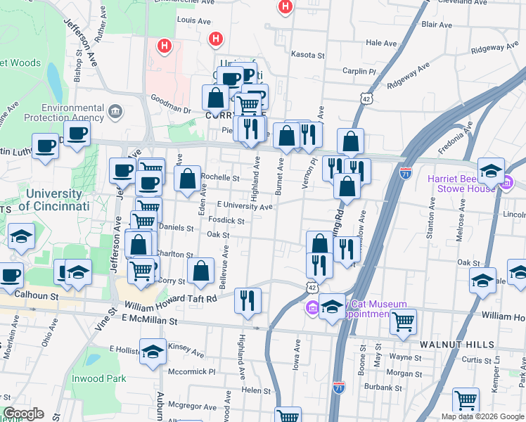 map of restaurants, bars, coffee shops, grocery stores, and more near 2828 Highland Avenue in Cincinnati