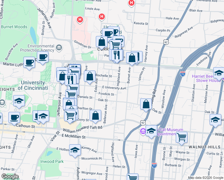 map of restaurants, bars, coffee shops, grocery stores, and more near 230 Fosdick Street in Cincinnati