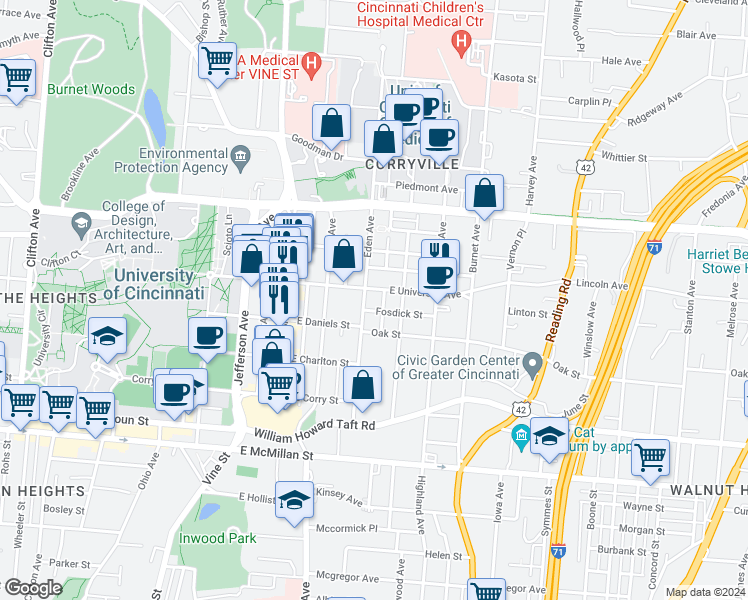 map of restaurants, bars, coffee shops, grocery stores, and more near 210 Fosdick Street in Cincinnati