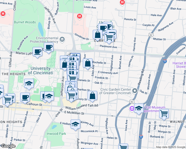 map of restaurants, bars, coffee shops, grocery stores, and more near 210 Fosdick Street in Cincinnati