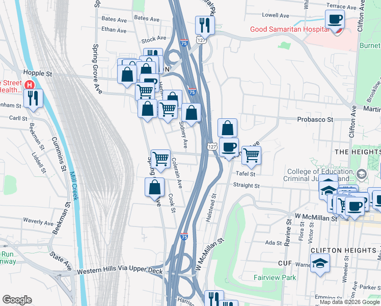 map of restaurants, bars, coffee shops, grocery stores, and more near 1053 Marshall Avenue in Cincinnati