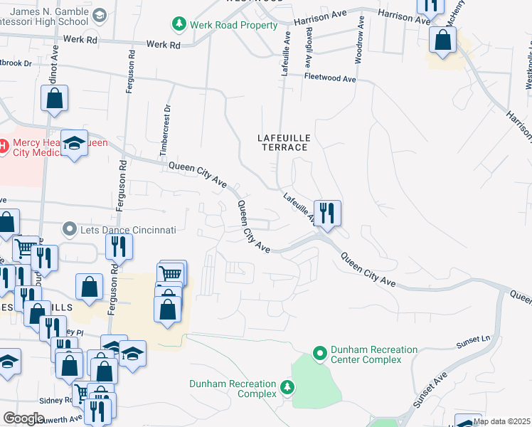 map of restaurants, bars, coffee shops, grocery stores, and more near 2724 Queen City Avenue in Cincinnati
