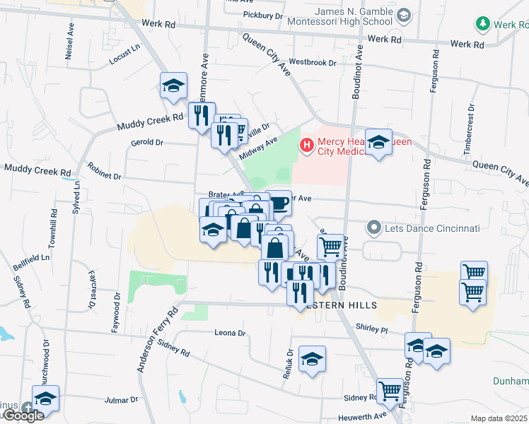 map of restaurants, bars, coffee shops, grocery stores, and more near 5579 Glenway Avenue in Cincinnati