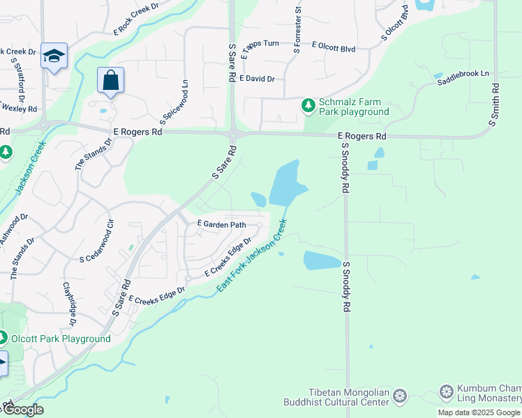 map of restaurants, bars, coffee shops, grocery stores, and more near 2883 East Garden Path in Bloomington