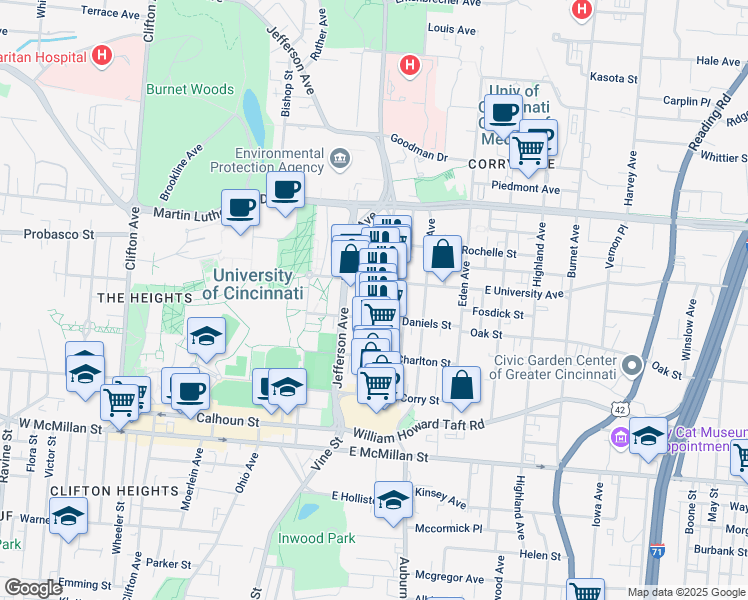 map of restaurants, bars, coffee shops, grocery stores, and more near 2821 Vine Street in Cincinnati