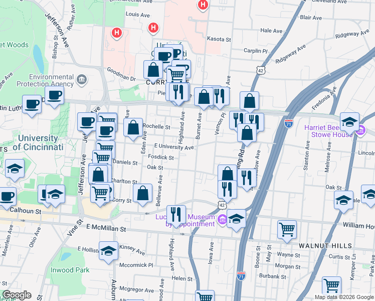 map of restaurants, bars, coffee shops, grocery stores, and more near 2828 Highland Avenue in Cincinnati