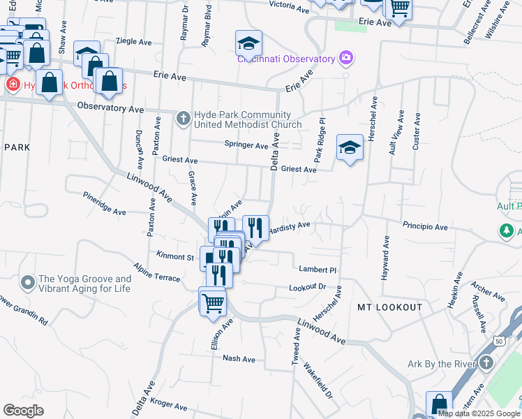 map of restaurants, bars, coffee shops, grocery stores, and more near 1133 Delta Avenue in Cincinnati