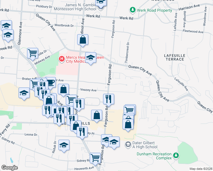 map of restaurants, bars, coffee shops, grocery stores, and more near 3001 West Tower Avenue in Cincinnati