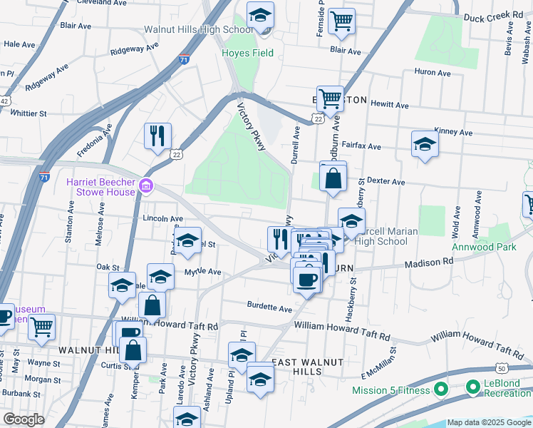 map of restaurants, bars, coffee shops, grocery stores, and more near 1334 Lincoln Avenue in Cincinnati