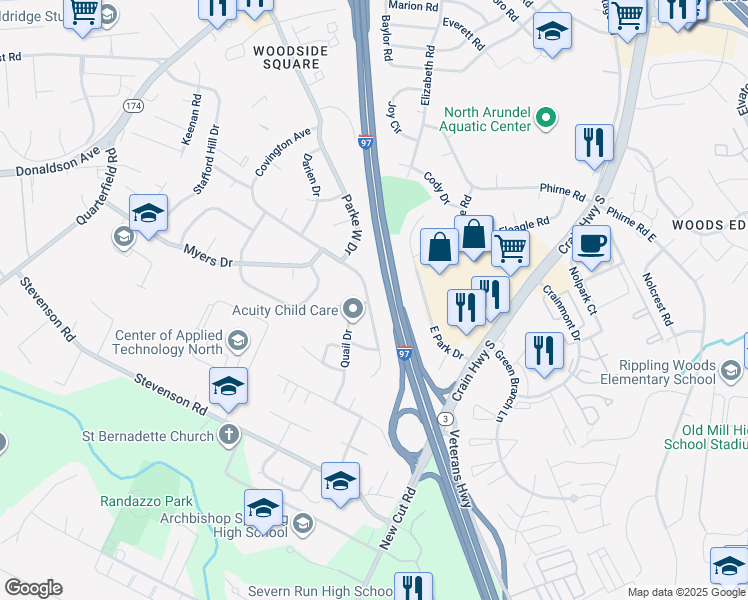 map of restaurants, bars, coffee shops, grocery stores, and more near 7983 Covington Avenue in Glen Burnie