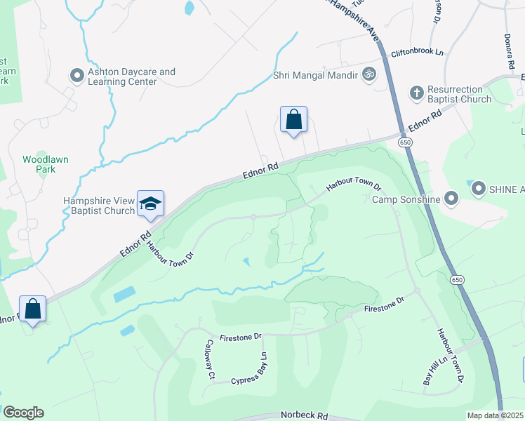 map of restaurants, bars, coffee shops, grocery stores, and more near 16847 Harbour Town Drive in Silver Spring