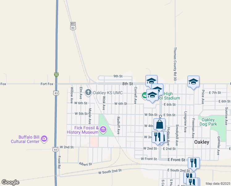 map of restaurants, bars, coffee shops, grocery stores, and more near 651 West 7th Street in Oakley