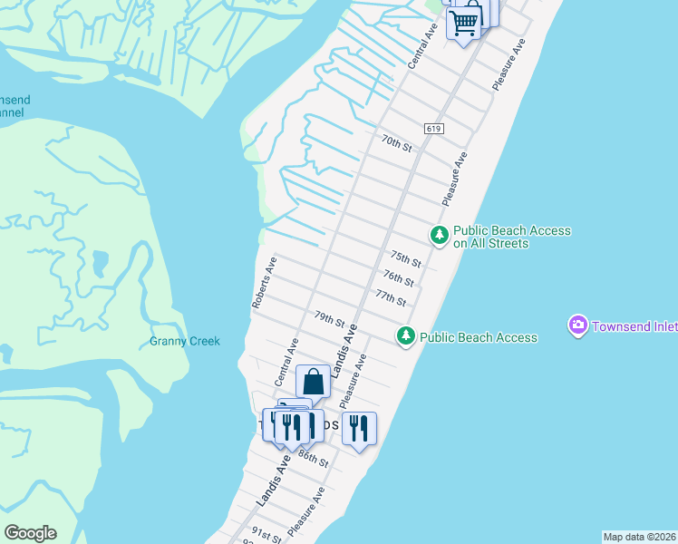 map of restaurants, bars, coffee shops, grocery stores, and more near 118 77th Street in Sea Isle City