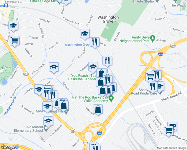 map of restaurants, bars, coffee shops, grocery stores, and more near 8712 Oakmont Street in Gaithersburg