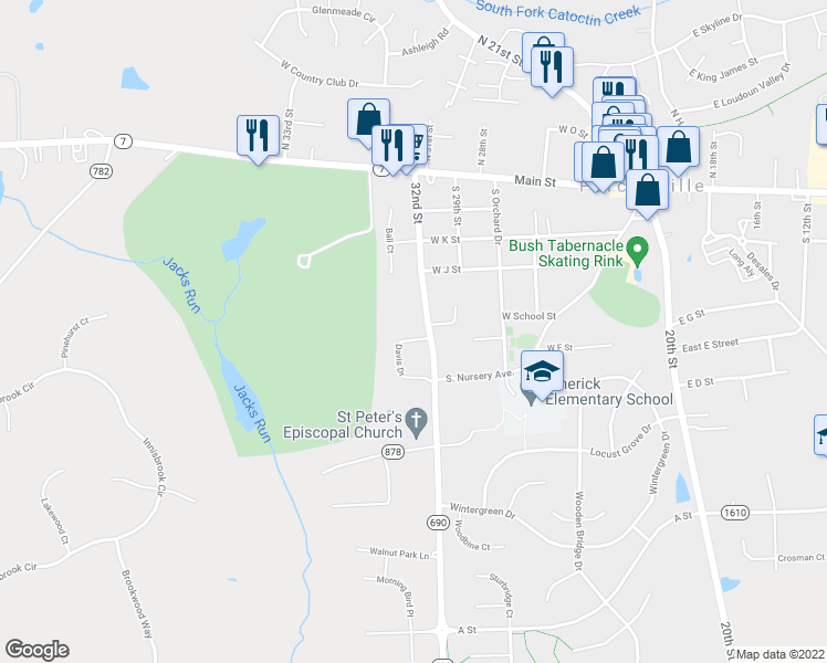 map of restaurants, bars, coffee shops, grocery stores, and more near 371 Davis Drive in Purcellville