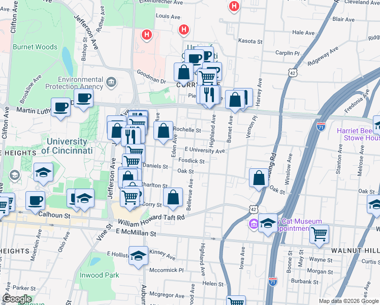 map of restaurants, bars, coffee shops, grocery stores, and more near 230 Fosdick Street in Cincinnati
