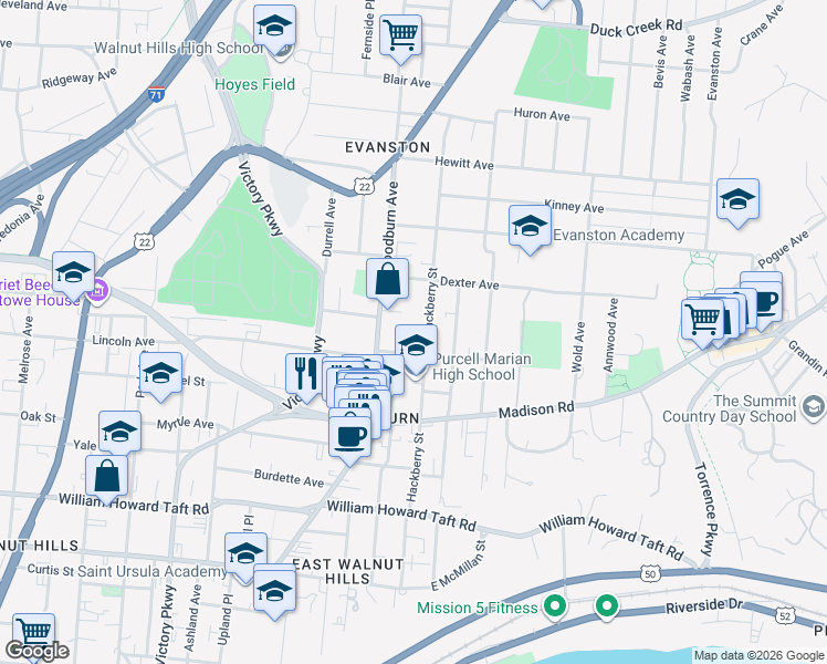 map of restaurants, bars, coffee shops, grocery stores, and more near 1622 De Sales Lane in Cincinnati