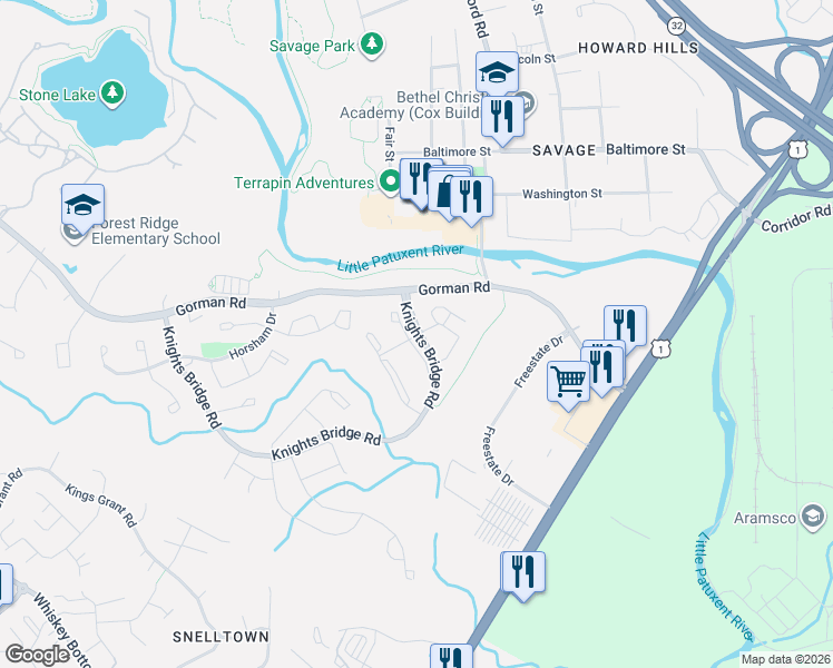 map of restaurants, bars, coffee shops, grocery stores, and more near 9880 Washington Boulevard North in Laurel