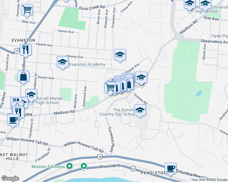 map of restaurants, bars, coffee shops, grocery stores, and more near 1994 Madison Road in Cincinnati