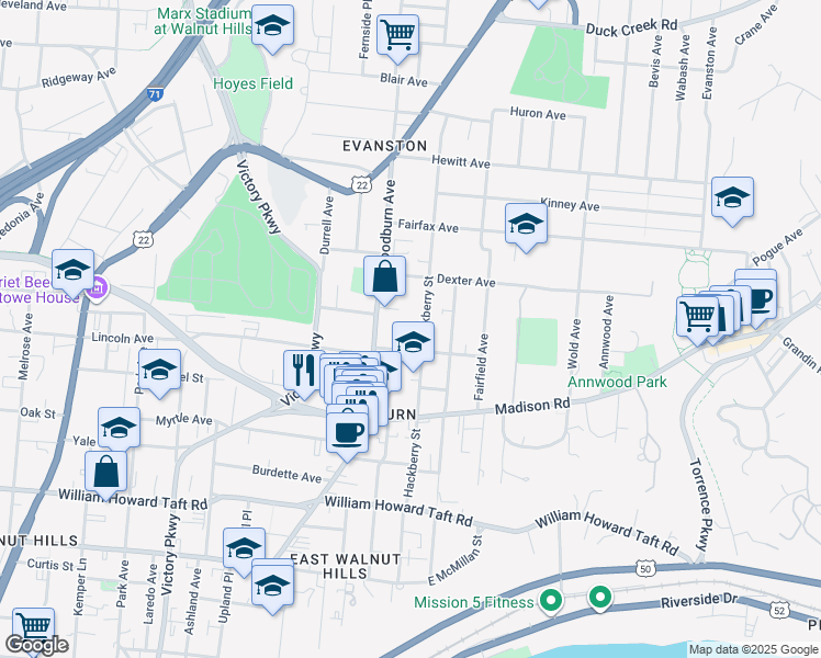 map of restaurants, bars, coffee shops, grocery stores, and more near 1622 De Sales Lane in Cincinnati