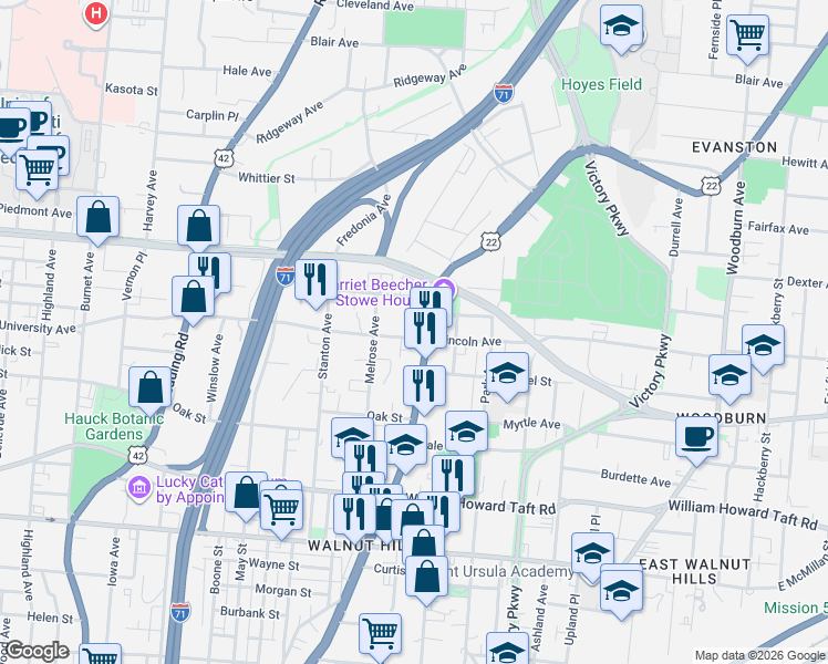 map of restaurants, bars, coffee shops, grocery stores, and more near 857 Lincoln Avenue in Cincinnati