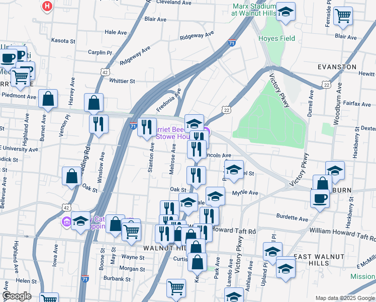 map of restaurants, bars, coffee shops, grocery stores, and more near 857 Lincoln Avenue in Cincinnati
