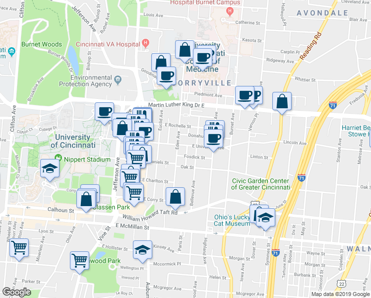 map of restaurants, bars, coffee shops, grocery stores, and more near 210 Fosdick Street in Cincinnati