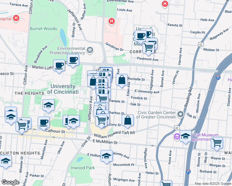 map of restaurants, bars, coffee shops, grocery stores, and more near 2810 Euclid Avenue in Cincinnati
