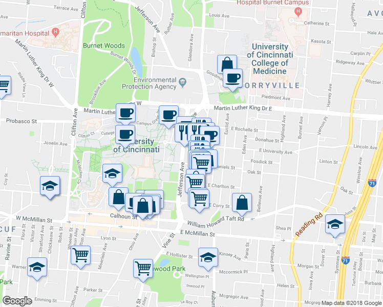 map of restaurants, bars, coffee shops, grocery stores, and more near 2809 Glendora Avenue in Cincinnati