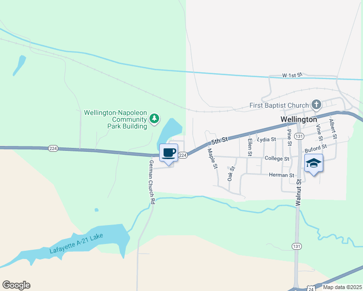 map of restaurants, bars, coffee shops, grocery stores, and more near 701 Missouri 224 in Wellington