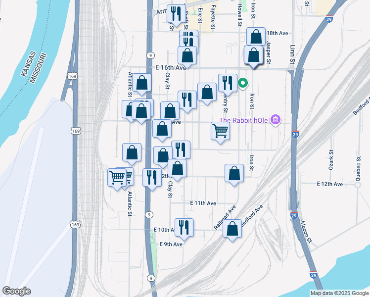 map of restaurants, bars, coffee shops, grocery stores, and more near 1240 Swift Ave in North Kansas City