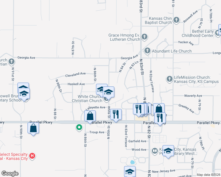map of restaurants, bars, coffee shops, grocery stores, and more near 2300 North 85 Street in Kansas City