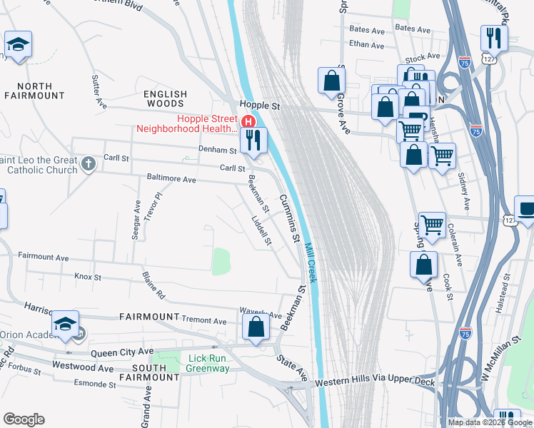 map of restaurants, bars, coffee shops, grocery stores, and more near 2601 Beekman Street in Cincinnati