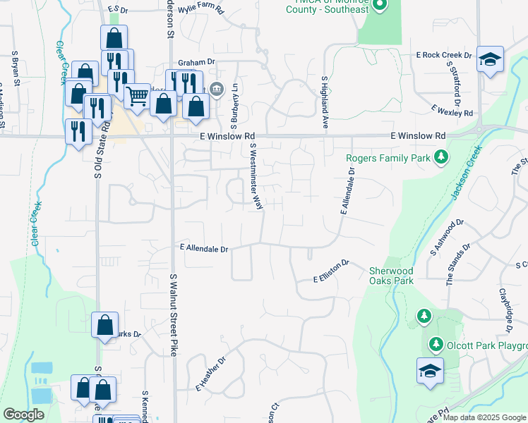 map of restaurants, bars, coffee shops, grocery stores, and more near 3500 South Westminster Way in Bloomington