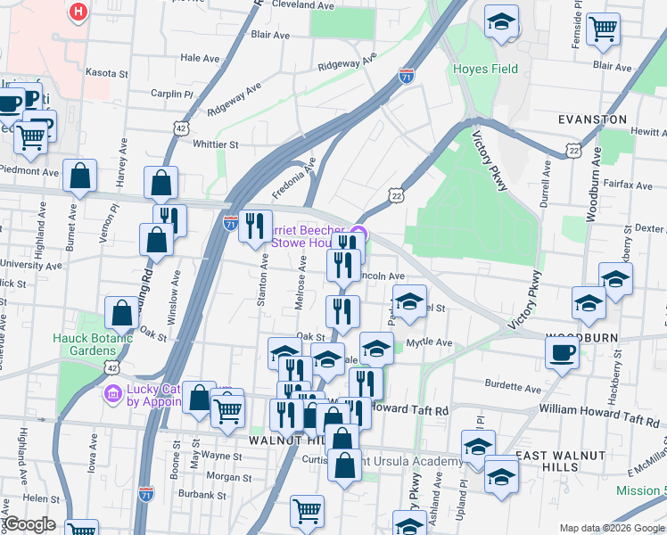 map of restaurants, bars, coffee shops, grocery stores, and more near 857 Lincoln Avenue in Cincinnati