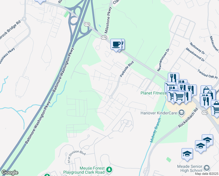 map of restaurants, bars, coffee shops, grocery stores, and more near 2932 Hebron Lane in Severn